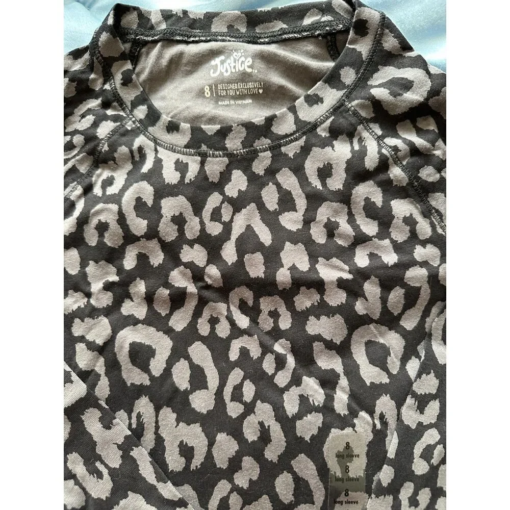 Justice Girls Grey and Black Cheetah Print Long Sleeve Tee Shirt Size 8 NWT